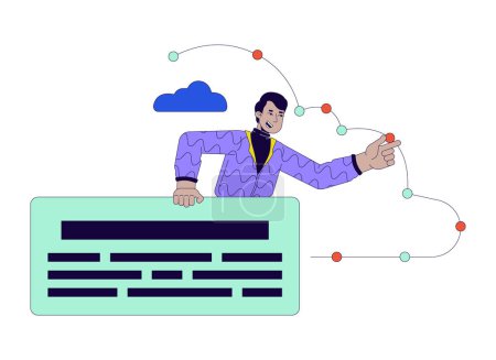 Illustration for Male analyst cloud computing 2D linear cartoon character. Digital administrator indian man isolated line vector person white background. Managing cloud infrastructure color flat spot illustration - Royalty Free Image