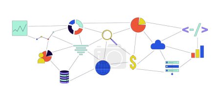 Illustration for Analytics database management 2D linear cartoon object. Programming, chart graph, cloud technology isolated line vector element white background. Connected data analysis color flat spot illustration - Royalty Free Image