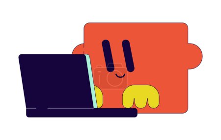 Puzzle piece typing laptop 2D linear cartoon character. Geometric personage using notebook isolated line vector personage white background. Educational preschool shape color flat spot illustration