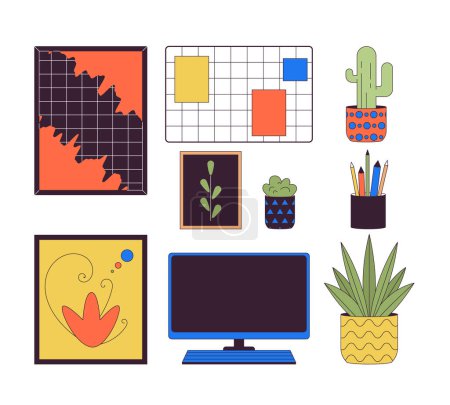 Office supplies and decor 2D linear cartoon objects set. Computer with houseplants and pictures isolated line vector elements white background. Interior design color flat spot illustration collection