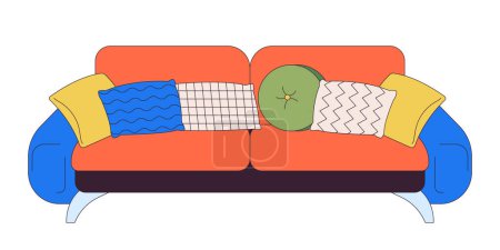 Illustration for Cozy sofa with various pillows 2D linear cartoon object. Soft couch living room furniture isolated line vector element white background. Home interior design color flat spot illustration - Royalty Free Image