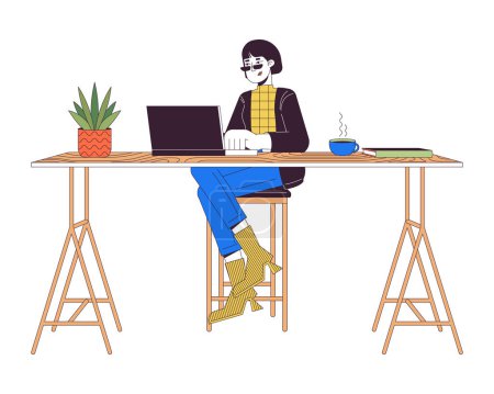 Illustration for Asian female working on laptop at counter table 2D linear cartoon character. Woman using computer isolated line vector person white background. Workplace conveniences color flat spot illustration - Royalty Free Image