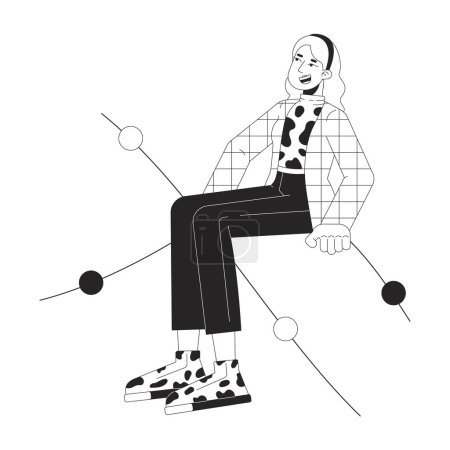 Illustration for Blonde female sitting on charts black and white 2D line cartoon character. Caucasian woman smiling isolated vector outline person. Stylish lady trader analytics monochromatic flat spot illustration - Royalty Free Image