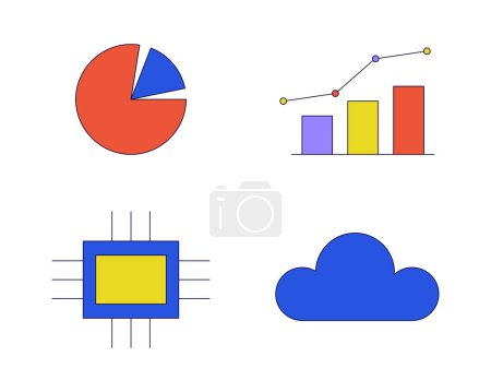 Illustration for Chart graph technology 2D linear cartoon objects set. Micro chip, cloud server isolated line vector elements white background. Microchip, piechart, digital color flat spot illustration collection - Royalty Free Image