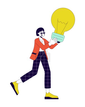 Illustration for Excited businesswoman holding lightbulb 2D linear cartoon character. Showing idea korean young woman isolated line vector person white background. Creativity marketing color flat spot illustration - Royalty Free Image