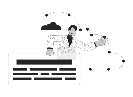Homme analyste cloud computing noir et blanc personnage de dessin animé ligne 2D. Administrateur indien homme isolé vecteur contour personne. Gestion de l'infrastructure cloud illustration monochromatique en spot plat