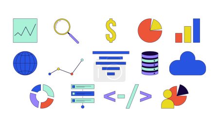 Analytics database management 2D linear cartoon objects set. Planning, chart graph, cloud storage isolated line vector elements white background. Data analysis color flat spot illustration collection