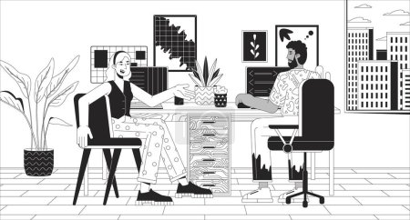 Illustration for Sharing home office black and white line illustration. Multiracial colleagues working together in apartment 2D characters monochrome background. Coworking space outline scene vector image - Royalty Free Image