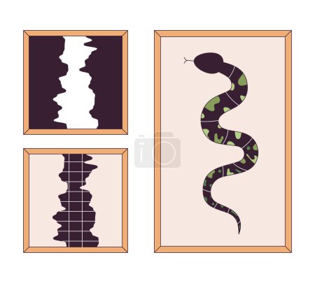 Illustration for Decorative paintings in frames 2D linear cartoon objects set. Images of snake and abstract gaps isolated line vector elements white background. Interior design color flat spot illustration collection - Royalty Free Image