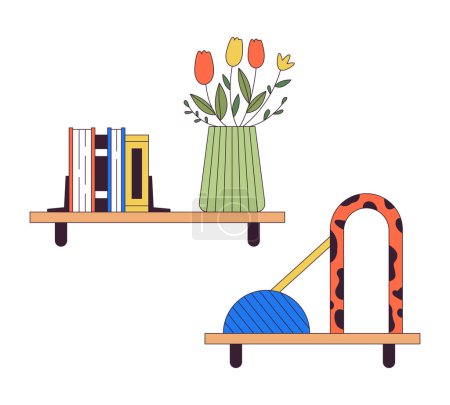 Illustration for Books and decorative accessories on shelves 2D linear cartoon objects set. Racks in home decor isolated line vector elements white background. Creating coziness color flat spot illustration collection - Royalty Free Image