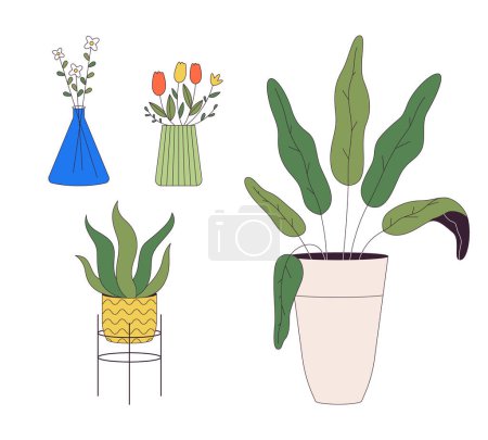 Potted houseplants and flower bouquets 2D linear cartoon objects set. Plants in home interior isolated line vector elements white background. Floral decor color flat spot illustration collection