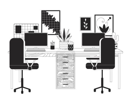 Doppelarbeitsplatz mit Computern 2D lineare Cartoon-Objekte. Bequeme Büromöbel in isolierten Vektorumrissen im Haus. Anordnung des Arbeitsplatzes monochromatische Flachbild-Illustration