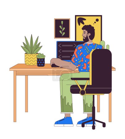 Illustration for African american man at computer 2D linear cartoon character. Web developer working at home office isolated line vector person white background. Freelance job color flat spot illustration - Royalty Free Image