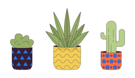 Illustration for Exotic houseplants in flowerpots 2D linear cartoon objects set. Home garden plants growing isolated line vector elements white background. Interior design color flat spot illustration collection - Royalty Free Image