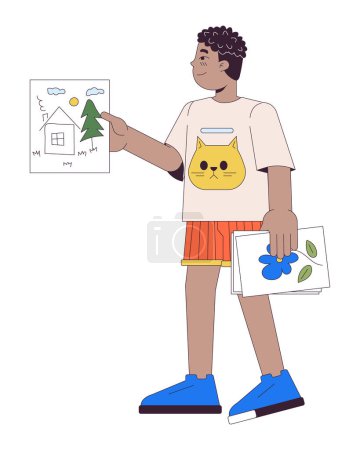 Illustration for Little black boy showing house painting 2D linear cartoon character. Schoolboy holding handdrawn picture isolated line vector person white background. Creativity color flat spot illustration - Royalty Free Image