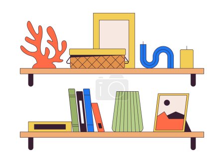 Illustration for Shelves with cute domestic accessories 2D linear cartoon objects set. Interior decor on racks isolated line vector elements white background. Home design color flat spot illustration collection - Royalty Free Image