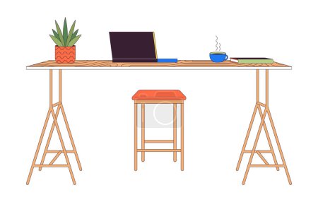 Illustration for Laptop and coffee on counter table 2D linear cartoon objects. Comfortable place to work isolated line vector elements white background. Remote workplace furniture color flat spot illustration - Royalty Free Image