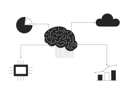 Illustration for AI brain analysis tools black and white 2D line cartoon object. Artificial intelligence brain tech isolated vector outline item. Ai management. Data analytics monochromatic flat spot illustration - Royalty Free Image