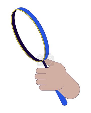 Zoom magnifying glass linear cartoon character hand illustration. Holding loupe outline 2D vector image, white background. Focus exploration. Lens searching. Magnification editable flat color clipart