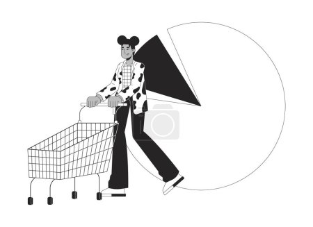 Illustration for Ecommerce customer analytics black and white 2D line cartoon character. Black female buyer report pie chart isolated vector outline person. Piechart consumer monochromatic flat spot illustration - Royalty Free Image