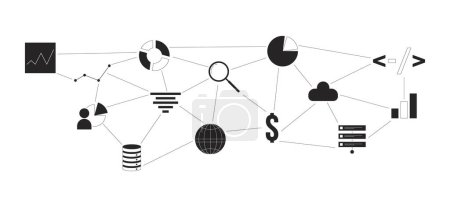 Analytics database management black and white 2D line cartoon object. Programming, charts, cloud technology isolated vector outline item. Connected data analysis monochromatic flat spot illustration