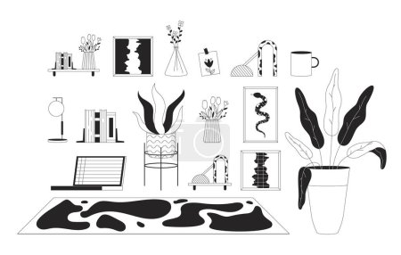 Illustration for House interior design details black and white 2D line cartoon objects set. Home office arrangement isolated vector outline items collection. Living room decor monochromatic flat spot illustrations - Royalty Free Image