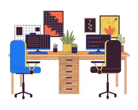Doppelarbeitsplatz mit Computern 2D lineare Cartoon-Objekte. Komfortable Büromöbel isolierte Linienvektorelemente weißen Hintergrund. Anordnung des Arbeitsplatzes Farbe flacher Fleck Illustration