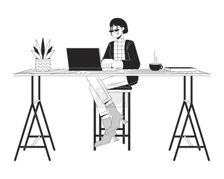 Illustration for Asian female working on laptop at counter table black and white 2D line cartoon character. Woman at computer isolated vector outline person. Workplace conveniences monochromatic flat spot illustration - Royalty Free Image
