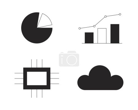 Illustration for Chart graph technology black and white 2D line cartoon objects set. Chip, cloud server isolated vector outline items collection. Microchip, piechart, digital monochromatic flat spot illustrations - Royalty Free Image