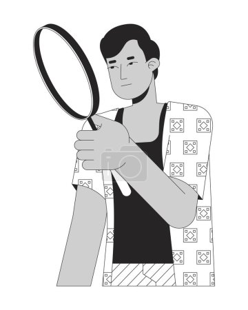 Indischer Mann, der durch eine schwarz-weiße 2D-Zeichentrickfigur blickt. Lupe hält Kerl isolierten Vektor Umriss Person. Evaluierung der monochromen Flachbild-Illustration