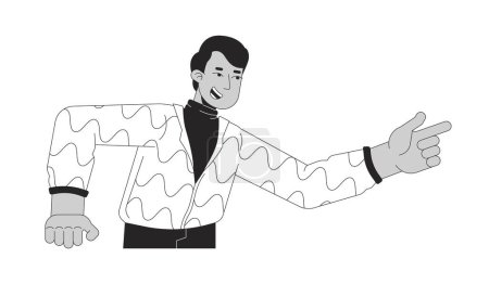 Indien homme pointant doigt vers l'avant noir et blanc personnage de bande dessinée ligne 2D. Sud asiatique gars gestuelle isolé vecteur contour personne. Illustration de tache plate monochromatique d'index d'attention