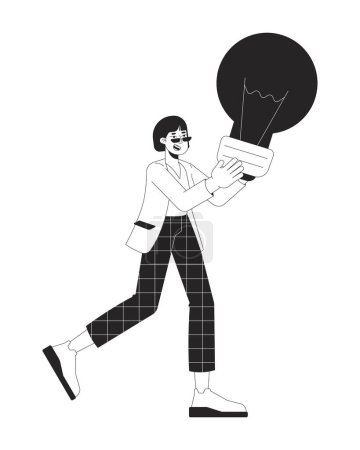 Illustration for Excited businesswoman holding lightbulb black and white 2D line cartoon character. Showing idea korean young woman isolated vector outline person. Creativity monochromatic flat spot illustration - Royalty Free Image