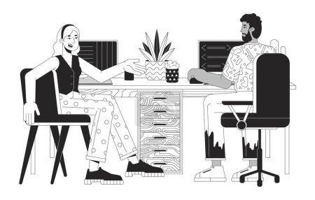 Illustration for Colleagues sharing workplace black and white 2D line cartoon characters. Multiracial coworkers talking in office isolated vector outline people. Developers work monochromatic flat spot illustration - Royalty Free Image