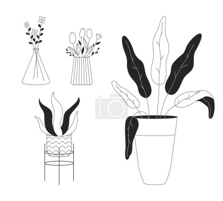 Illustration for Potted houseplants and flower bouquets black and white 2D line cartoon objects set. Plants in home interior isolated vector outline items collection. Floral decor monochromatic flat spot illustrations - Royalty Free Image