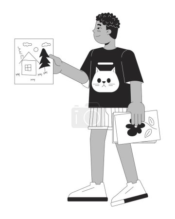 Illustration for Little black boy showing house painting black and white 2D line cartoon character. Schoolboy holding handdrawn picture isolated vector outline person. Creativity monochromatic flat spot illustration - Royalty Free Image