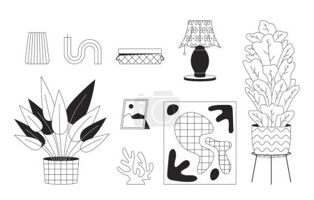 Illustration for Domestic atmosphere essentials black and white 2D line cartoon objects set. Interior design maintaining isolated vector outline items collection. Coziness at home monochromatic flat spot illustrations - Royalty Free Image