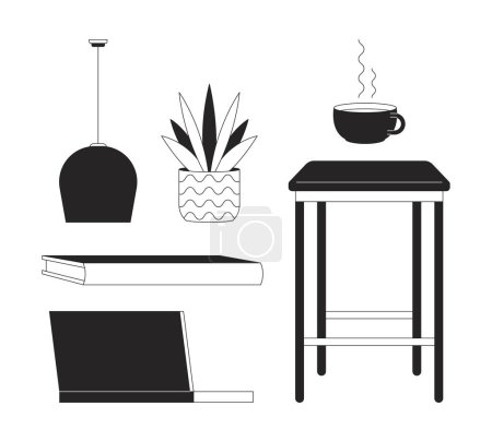 Home workplace interior details black and white 2D line cartoon objects set. Domestic atmosphere isolated vector outline items collection. House design supplies monochromatic flat spot illustrations