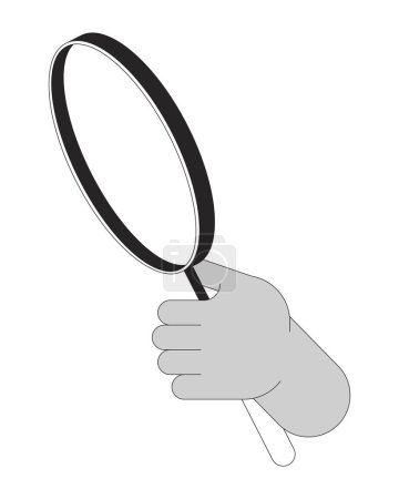 Zoom magnifying glass cartoon human hand outline illustration. Holding loupe 2D isolated black and white vector image. Focus exploration. Lens searching flat monochromatic drawing clip art