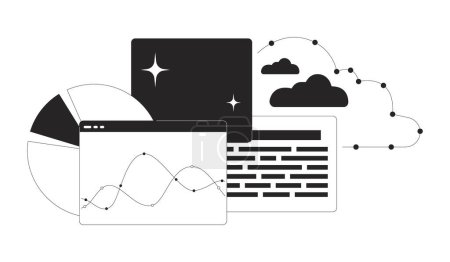 Illustration for Analytics project management black and white 2D line cartoon object. Data analysis cloud storage isolated vector outline item. Digital files, graphs charts monochromatic flat spot illustration - Royalty Free Image