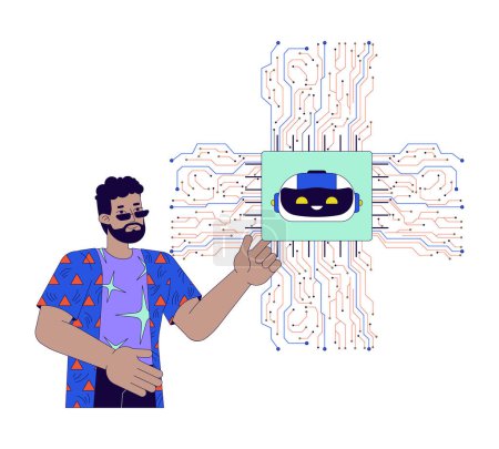 Concepto de ilustración lineal 2D de hardware optimizado para IA. Inteligencia chip artificial con el hombre negro personaje de dibujos animados aislado en blanco. Microchip circuito metáfora abstracto plano vector contorno gráfico