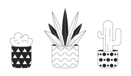 Exotic houseplants in flowerpots black and white 2D line cartoon objects set. Home garden plants growing isolated vector outline items collection. Interior design monochromatic flat spot illustrations