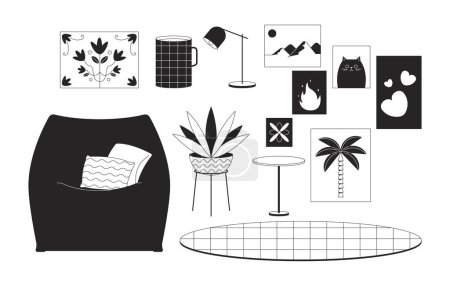 Illustration for Domestic comfort improvement black and white 2D line cartoon objects set. Furniture and accessories isolated vector outline items collection. Home interior style monochromatic flat spot illustrations - Royalty Free Image