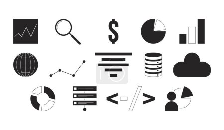 Analytics database management black and white 2D line cartoon objects set. Planning, charts, cloud storage isolated vector outline items collection. Data analysis monochromatic flat spot illustrations