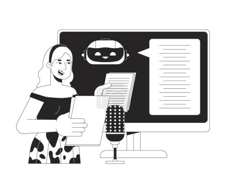 Illustration for Speech recognition in AI black and white 2D illustration concept. Blonde woman microphone in voiceover studio cartoon outline character isolated on white. Voice to text metaphor monochrome vector art - Royalty Free Image
