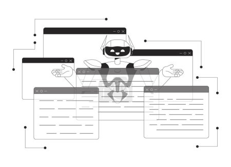 Illustration for AI decision management black and white 2D illustration concept. Cognitive computing. Machine learning cartoon outline character isolated on white. Software application metaphor monochrome vector art - Royalty Free Image