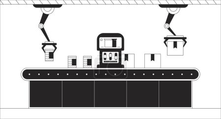 Automatisation robotique illustration en noir et blanc. Robot bras fabrication 2D fond monochrome intérieur. Industrie 4 0. usine ligne d'assemblage boîtes emballage contour scène vecteur image