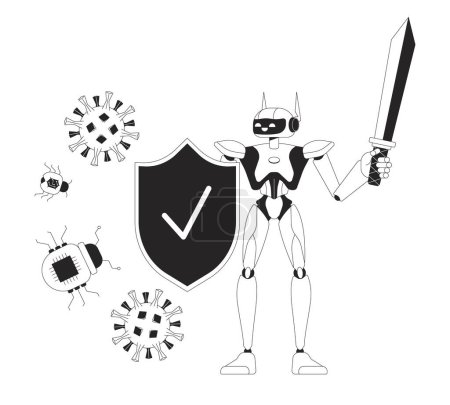 Illustration for AI cyber defense black and white 2D illustration concept. Robot shield virus bugs cartoon outline character isolated on white. Artificial intelligence cybersecurity metaphor monochrome vector art - Royalty Free Image