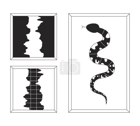 Ilustración de Pinturas decorativas en marcos en blanco y negro 2D línea de dibujos animados conjunto de objetos. Imágenes de serpientes y huecos aislados vector contorno artículos de colección. Ilustraciones monocromáticas de punto plano de diseño interior - Imagen libre de derechos