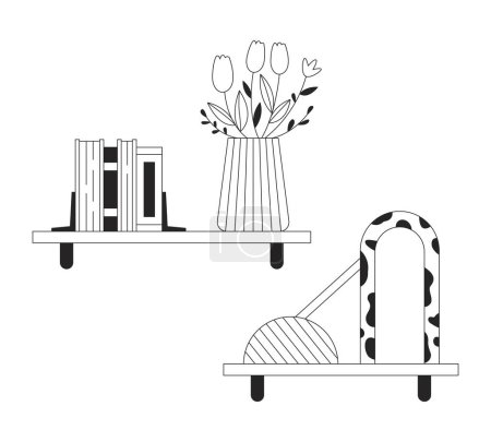 Illustration for Books and decorative accessories on shelves black and white 2D line cartoon objects set. Racks in home decor isolated vector outline items collection. Coziness monochromatic flat spot illustrations - Royalty Free Image