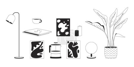 Illustration for Supplies for home interior design black and white 2D line cartoon objects set. Domestic accessories isolated vector outline items collection. House design monochromatic flat spot illustrations - Royalty Free Image
